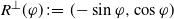 upper R Superscript up tack Baseline left parenthesis phi right parenthesis colon equals left parenthesis minus sine phi comma cosine phi right parenthesis