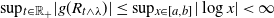 sup Subscript t element of double struck upper R Sub Subscript plus Baseline StartAbsoluteValue g left parenthesis upper R Subscript t and lamda Baseline right parenthesis EndAbsoluteValue less than or equals sup Subscript x element of left bracket a comma b right bracket Baseline StartAbsoluteValue log x EndAbsoluteValue less than normal infinity