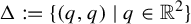 normal upper Delta colon equals StartSet left parenthesis q comma q right parenthesis vertical bar q element of double struck upper R squared EndSet