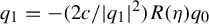 q 1 equals minus left parenthesis 2 c divided by StartAbsoluteValue q 1 EndAbsoluteValue squared right parenthesis upper R left parenthesis eta right parenthesis q 0