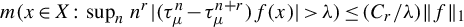 m left parenthesis x element of upper X colon sup Underscript n Endscripts n Superscript r Baseline StartAbsoluteValue left parenthesis tau Subscript mu Superscript n Baseline minus tau Subscript mu Superscript n plus r Baseline right parenthesis f left parenthesis x right parenthesis EndAbsoluteValue greater than lamda right parenthesis less than or equals left parenthesis upper C Subscript r Baseline divided by lamda right parenthesis StartMetric f EndMetric Subscript 1