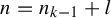 n equals n Subscript k minus 1 Baseline plus l