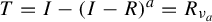 upper T equals upper I minus left parenthesis upper I minus upper R right parenthesis Superscript a Baseline equals upper R Subscript nu Sub Subscript a