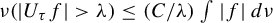 nu left parenthesis StartAbsoluteValue upper U Subscript tau Baseline f EndAbsoluteValue greater than lamda right parenthesis less than or equals left parenthesis upper C divided by lamda right parenthesis integral StartAbsoluteValue f EndAbsoluteValue d nu