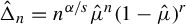 ModifyingAbove normal upper Delta With caret Subscript n Baseline equals n Superscript alpha divided by s Baseline ModifyingAbove mu With caret Superscript n Baseline left parenthesis 1 minus ModifyingAbove mu With caret right parenthesis Superscript r