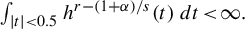 integral Underscript StartAbsoluteValue t EndAbsoluteValue less than 0.5 Endscripts h Superscript r minus left parenthesis 1 plus alpha right parenthesis divided by s Baseline left parenthesis t right parenthesis d t less than infinity period