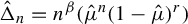 ModifyingAbove normal upper Delta With caret Subscript n Baseline equals n Superscript beta Baseline left parenthesis ModifyingAbove mu With caret Superscript n Baseline left parenthesis 1 minus ModifyingAbove mu With caret right parenthesis Superscript r Baseline right parenthesis