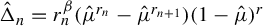 ModifyingAbove normal upper Delta With caret Subscript n Baseline equals r Subscript n Superscript beta Baseline left parenthesis ModifyingAbove mu With caret Superscript r Super Subscript n Superscript Baseline minus ModifyingAbove mu With caret Superscript r Super Subscript n plus 1 Superscript Baseline right parenthesis left parenthesis 1 minus ModifyingAbove mu With caret right parenthesis Superscript r