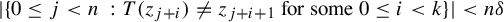 StartAbsoluteValue StartSet 0 less than or equals j less than n colon upper T left parenthesis z Subscript j plus i Baseline right parenthesis not equals z Subscript j plus i plus 1 Baseline for some 0 less than or equals i less than k EndSet EndAbsoluteValue less than n delta