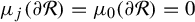 mu Subscript j Baseline left parenthesis partial differential script upper R right parenthesis equals mu 0 left parenthesis partial differential script upper R right parenthesis equals 0