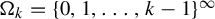 normal upper Omega Subscript k Baseline equals left brace 0 comma 1 comma ellipsis comma k minus 1 right brace Superscript infinity