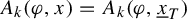 upper A Subscript k Baseline left parenthesis phi comma x right parenthesis equals upper A Subscript k Baseline left parenthesis phi comma x underbar Subscript upper T Baseline right parenthesis