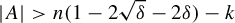 StartAbsoluteValue upper A EndAbsoluteValue greater than n left parenthesis 1 minus 2 StartRoot delta EndRoot minus 2 delta right parenthesis minus k
