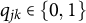 q Subscript j k Baseline element of StartSet 0 comma 1 EndSet