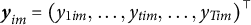 bold italic y Subscript im Baseline equals left parenthesis y Subscript 1 i m Baseline comma ellipsis comma y Subscript t i m Baseline comma ellipsis comma y Subscript upper T i m Baseline right parenthesis Superscript normal down tack