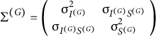 normal upper Sigma Superscript left parenthesis upper G right parenthesis Baseline equals Start 2 By 2 Matrix 1st Row 1st Column sigma Subscript upper I Sub Superscript left parenthesis upper G right parenthesis Superscript 2 Baseline 2nd Column sigma Subscript upper I Sub Superscript left parenthesis upper G right parenthesis Subscript upper S Sub Superscript left parenthesis upper G right parenthesis Baseline 2nd Row 1st Column sigma Subscript upper I Sub Superscript left parenthesis upper G right parenthesis Subscript upper S Sub Superscript left parenthesis upper G right parenthesis Baseline 2nd Column sigma Subscript upper S Sub Superscript left parenthesis upper G right parenthesis Superscript 2 EndMatrix