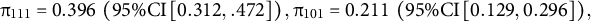 pi Subscript 111 Baseline equals 0.396 left parenthesis 95 divided by upper C upper I left bracket 0.312 comma .472 right bracket right parenthesis comma pi Subscript 101 Baseline equals 0.211 left parenthesis 95 divided by upper C upper I left bracket 0.129 comma 0.296 right bracket right parenthesis comma