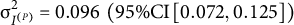 sigma Subscript upper I Sub Superscript left parenthesis upper P right parenthesis Superscript 2 Baseline equals 0.096 left parenthesis 95 divided by upper C upper I left bracket 0.072 comma 0.125 right bracket right parenthesis