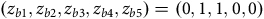 left parenthesis z Subscript b Baseline 1 Baseline comma z Subscript b Baseline 2 Baseline comma z Subscript b Baseline 3 Baseline comma z Subscript b Baseline 4 Baseline comma z Subscript b Baseline 5 Baseline right parenthesis equals left parenthesis 0 comma 1 comma 1 comma 0 comma 0 right parenthesis