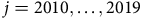 j equals 2010 comma ellipsis comma 2019