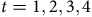 t equals 1 comma 2 comma 3 comma 4