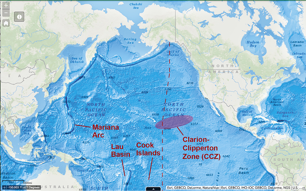 A map showing the Clarion-Clipperton Fracture Zone (C C Z) in the equatorial eastern Pacific Ocean between Hawaii and Mexico. The Cook Islands in the South Pacific lies to the southwest of the C C Z.