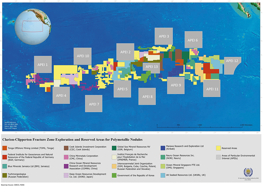 A map showing that Clarion-Clipperton Zone (C C Z) holds billion tons of polymetallic nodules, which are rich in four key critical minerals. The International Seabed Authority (I S A) has established exploration and reserved areas in the C C Z.