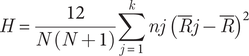 upper H equals 12 NN plus 1 sigma summation j equals 1 knjR bar j minus upper R bar 2