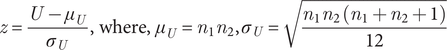 z equals upper U minus mu upper U sigma upper U comma where comma mu upper U equals n 1 n 2 comma sigma upper U equals n 1 n 2 n 1 plus n 2 plus 112