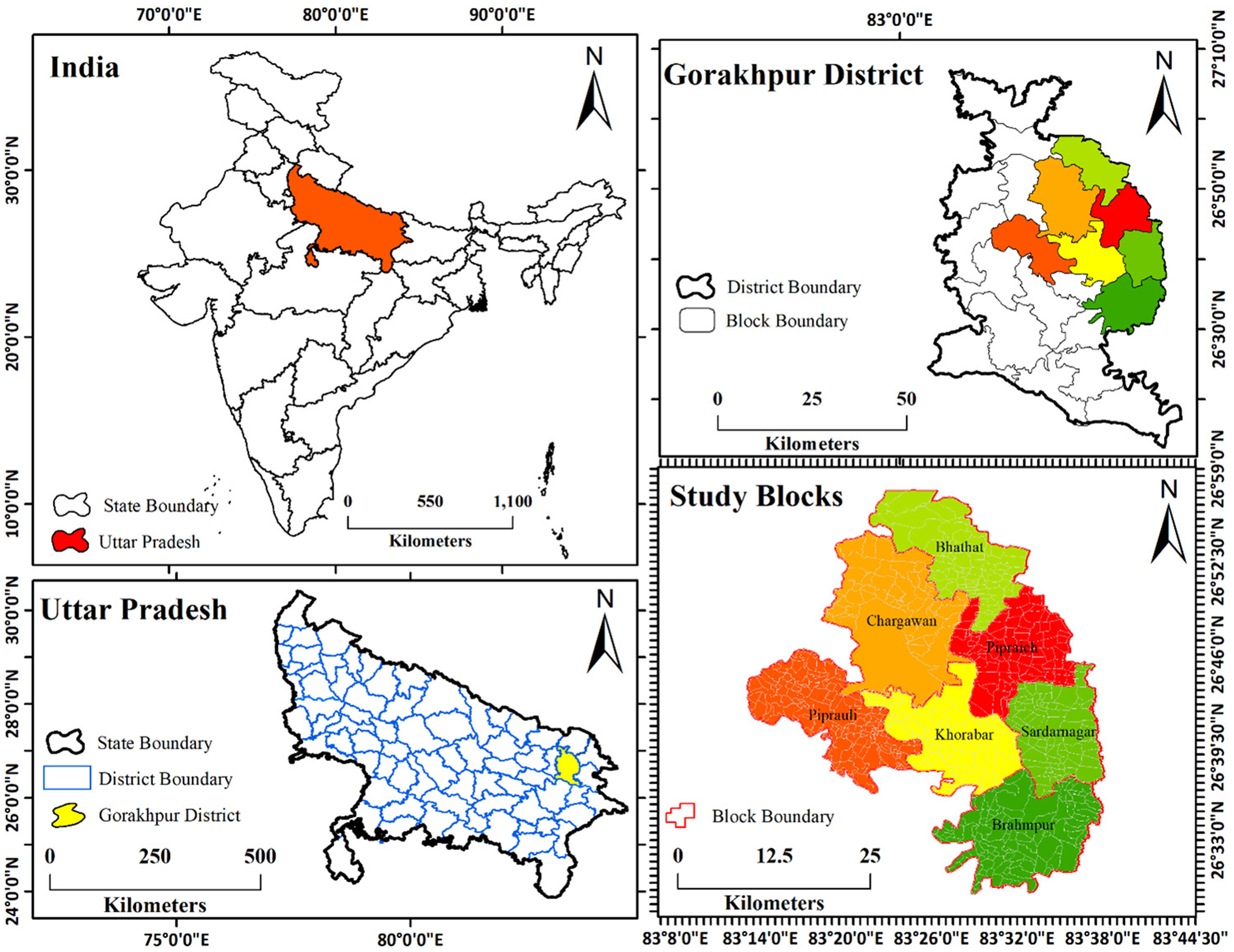 A four-panel geographical map showing the location of Uttar Pradesh in India, Gorakhpur district in Uttar Pradesh, and specific study blocks within Gorakhpur. See long description.