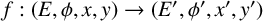 f colon left parenthesis upper E comma phi comma x comma y right parenthesis right arrow left parenthesis upper E prime comma phi prime comma x prime comma y Superscript prime Baseline right parenthesis