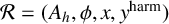 script upper R equals left parenthesis upper A Subscript h Baseline comma phi comma x comma y Superscript harm Baseline right parenthesis