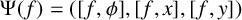 normal upper Psi left parenthesis f right parenthesis equals left parenthesis left bracket f comma phi right bracket comma left bracket f comma x right bracket comma left bracket f comma y right bracket right parenthesis