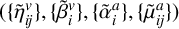 left parenthesis StartSet eta overtilde Subscript i j Superscript v Baseline EndSet comma StartSet beta overtilde Subscript i Superscript v Baseline EndSet comma StartSet alpha overtilde Subscript i Superscript a Baseline EndSet comma StartSet mu overtilde Subscript i j Superscript a Baseline EndSet right parenthesis