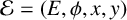 script upper E equals left parenthesis upper E comma phi comma x comma y right parenthesis
