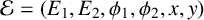 script upper E equals left parenthesis upper E 1 comma upper E 2 comma phi 1 comma phi 2 comma x comma y right parenthesis