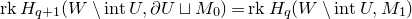 normal r normal k upper H Subscript q plus 1 Baseline left parenthesis upper W minus normal i normal n normal t upper U comma partial differential upper U square cup upper M 0 right parenthesis equals normal r normal k upper H Subscript q Baseline left parenthesis upper W minus normal i normal n normal t upper U comma upper M 1 right parenthesis