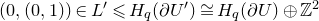left parenthesis 0 comma left parenthesis 0 comma 1 right parenthesis right parenthesis element of upper L Superscript prime Baseline less than or slanted equals upper H Subscript q Baseline left parenthesis partial differential upper U Superscript prime Baseline right parenthesis approximately equals upper H Subscript q Baseline left parenthesis partial differential upper U right parenthesis circled plus double struck upper Z squared