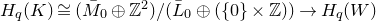 upper H Subscript q Baseline left parenthesis upper K right parenthesis approximately equals left parenthesis upper M overbar Subscript 0 Baseline circled plus double struck upper Z squared right parenthesis divided by left parenthesis upper L overbar Subscript 0 Baseline circled plus left parenthesis StartSet 0 EndSet times double struck upper Z right parenthesis right parenthesis right arrow upper H Subscript q Baseline left parenthesis upper W right parenthesis