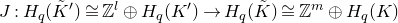 upper J colon upper H Subscript q Baseline left parenthesis upper K overtilde Superscript prime Baseline right parenthesis approximately equals double struck upper Z Superscript l Baseline circled plus upper H Subscript q Baseline left parenthesis upper K Superscript prime Baseline right parenthesis right arrow upper H Subscript q Baseline left parenthesis upper K overtilde right parenthesis approximately equals double struck upper Z Superscript m Baseline circled plus upper H Subscript q Baseline left parenthesis upper K right parenthesis