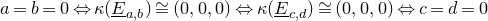 a equals b equals 0 left right double arrow kappa left parenthesis upper E underbar Subscript a comma b Baseline right parenthesis approximately equals left parenthesis 0 comma 0 comma 0 right parenthesis left right double arrow kappa left parenthesis upper E underbar Subscript c comma d Baseline right parenthesis approximately equals left parenthesis 0 comma 0 comma 0 right parenthesis left right double arrow c equals d equals 0