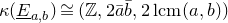 kappa left parenthesis upper E underbar Subscript a comma b Baseline right parenthesis approximately equals left parenthesis double struck upper Z comma 2 a overbar b overbar comma 2 normal l normal c normal m left parenthesis a comma b right parenthesis right parenthesis