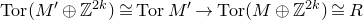 normal upper T normal o normal r left parenthesis upper M prime circled plus double struck upper Z Superscript 2 k Baseline right parenthesis approximately equals normal upper T normal o normal r upper M Superscript prime Baseline right arrow normal upper T normal o normal r left parenthesis upper M circled plus double struck upper Z Superscript 2 k Baseline right parenthesis approximately equals upper R