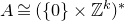 upper A approximately equals left parenthesis StartSet 0 EndSet times double struck upper Z Superscript k Baseline right parenthesis Superscript asterisk