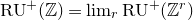 normal upper R normal upper U Superscript plus Baseline left parenthesis double struck upper Z right parenthesis equals limit Underscript r Endscripts normal upper R normal upper U Superscript plus Baseline left parenthesis double struck upper Z Superscript r Baseline right parenthesis