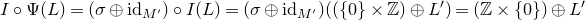 upper I ring normal upper Psi left parenthesis upper L right parenthesis equals left parenthesis sigma circled plus normal i normal d Subscript upper M Sub Superscript prime Subscript Baseline right parenthesis ring upper I left parenthesis upper L right parenthesis equals left parenthesis sigma circled plus normal i normal d Subscript upper M Sub Superscript prime Subscript Baseline right parenthesis left parenthesis left parenthesis StartSet 0 EndSet times double struck upper Z right parenthesis circled plus upper L Superscript prime Baseline right parenthesis equals left parenthesis double struck upper Z times StartSet 0 EndSet right parenthesis circled plus upper L prime