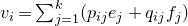 v Subscript i Baseline equals sigma summation Underscript j equals 1 Overscript k Endscripts left parenthesis p Subscript i j Baseline e Subscript j Baseline plus q Subscript i j Baseline f Subscript j Baseline right parenthesis