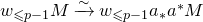 w Subscript less than or slanted equals p minus 1 Baseline upper M ModifyingAbove right arrow With tilde w Subscript less than or slanted equals p minus 1 Baseline a Subscript asterisk Baseline a Superscript asterisk Baseline upper M