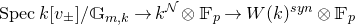 upper S p e c k left bracket v Subscript plus or minus Baseline right bracket divided by double struck upper G Subscript m comma k Baseline right arrow k Superscript script upper N Baseline circled times double struck upper F Subscript p Baseline right arrow upper W left parenthesis k right parenthesis Superscript s y n Baseline circled times double struck upper F Subscript p