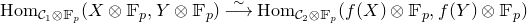 upper H o m Subscript script upper C 1 circled times double struck upper F Sub Subscript p Baseline left parenthesis upper X circled times double struck upper F Subscript p Baseline comma upper Y circled times double struck upper F Subscript p Baseline right parenthesis ModifyingAbove long right arrow With tilde upper H o m Subscript script upper C 2 circled times double struck upper F Sub Subscript p Baseline left parenthesis f left parenthesis upper X right parenthesis circled times double struck upper F Subscript p Baseline comma f left parenthesis upper Y right parenthesis circled times double struck upper F Subscript p Baseline right parenthesis